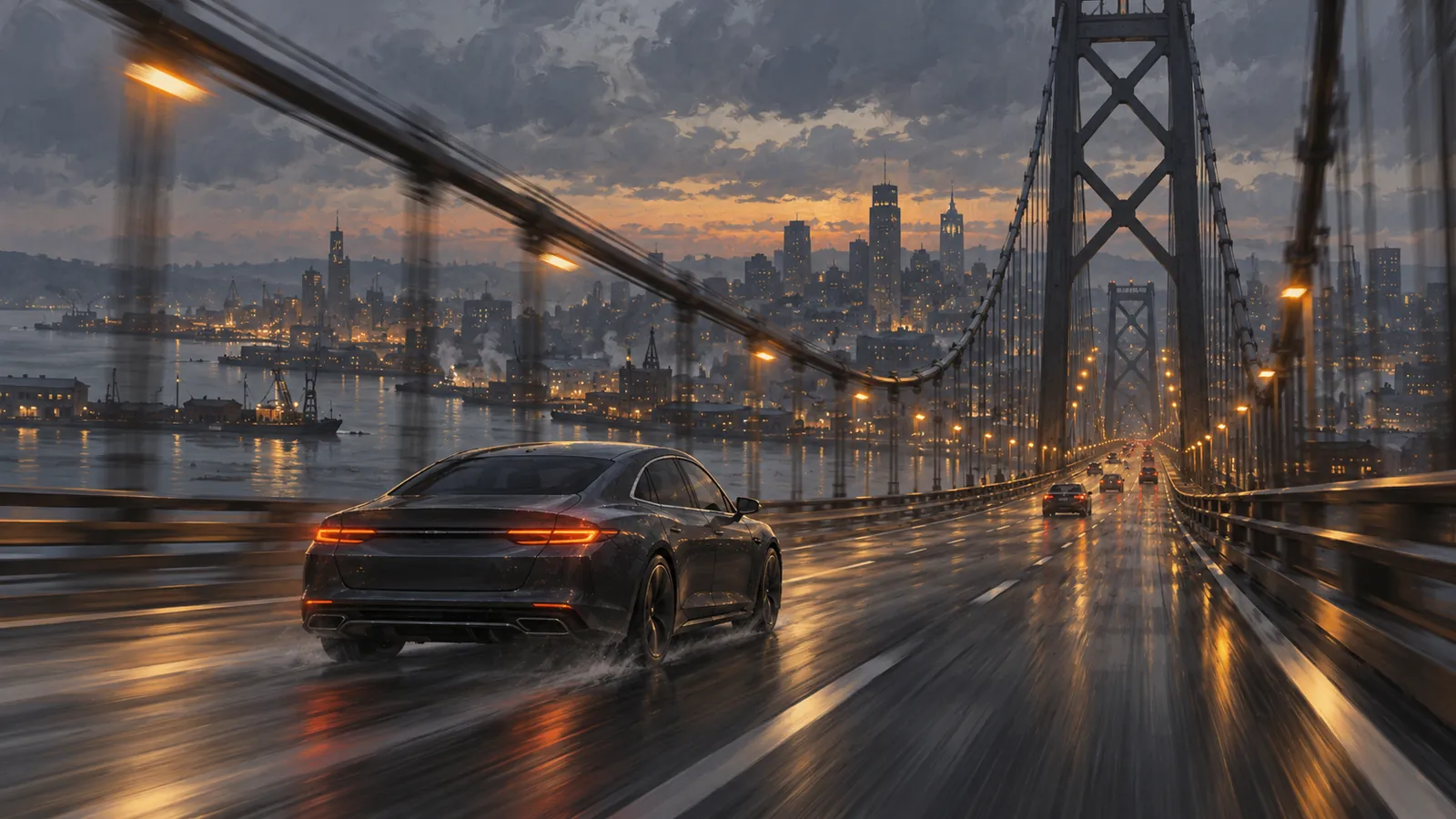 Concept painting of a car crossing a suspension bridge at dusk, the bridge streaking past.