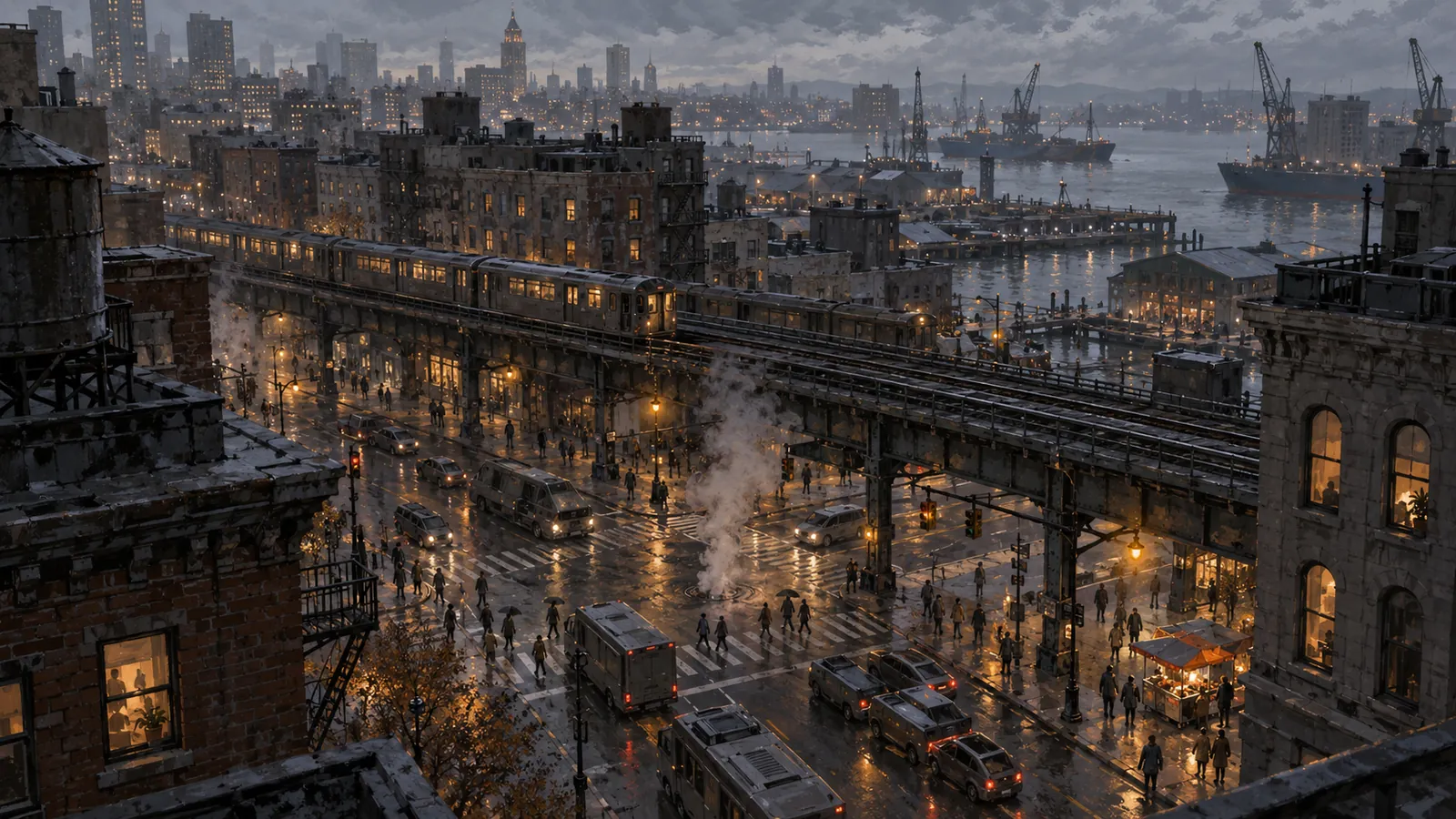 Concept painting of a busy city intersection seen from a rooftop.