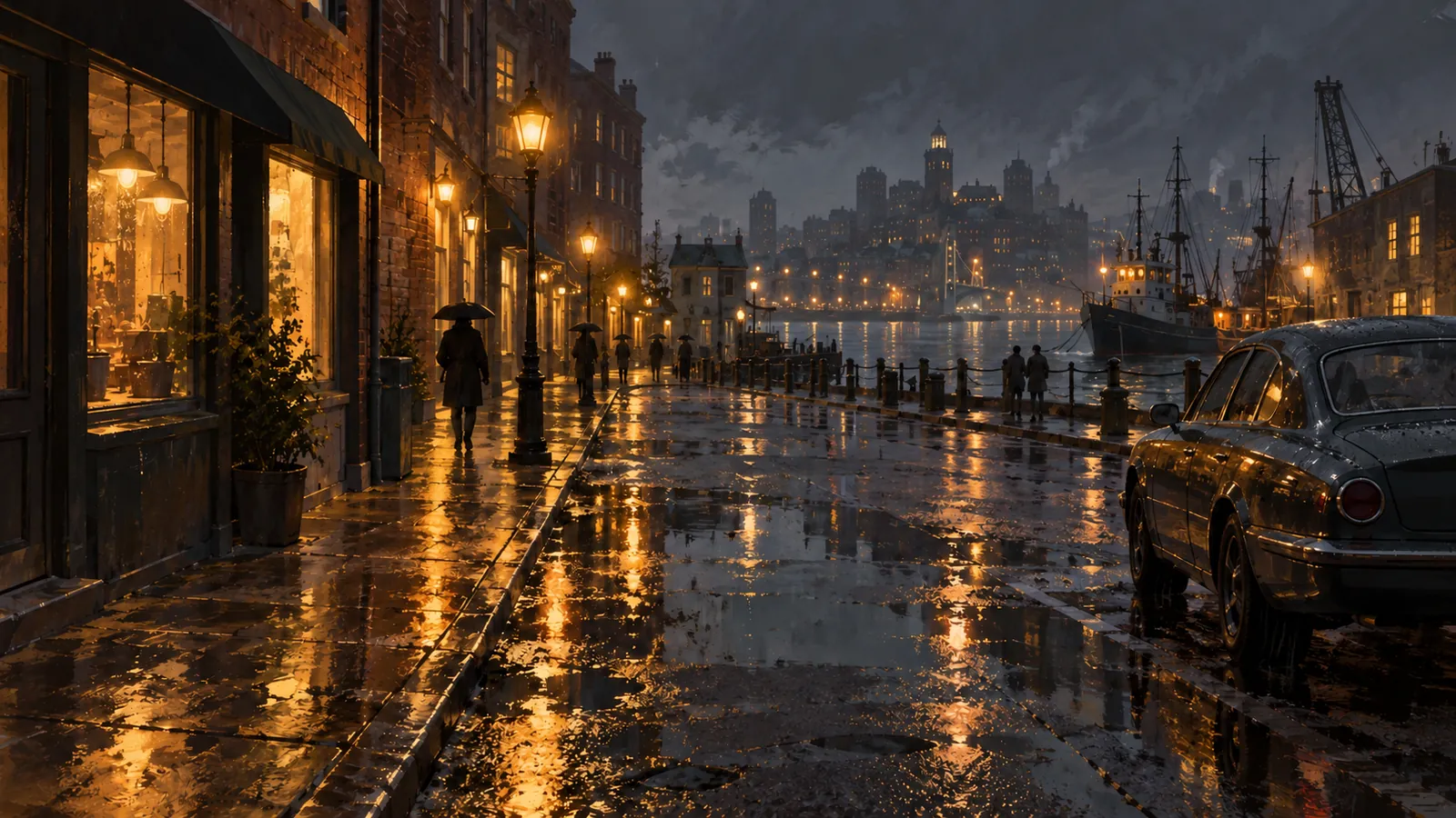 Concept painting of a rain-soaked street at night with streetlights reflected in puddles.