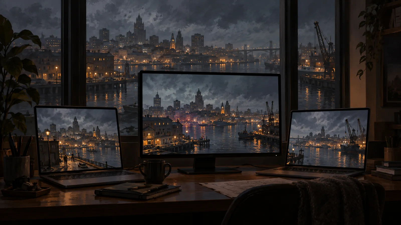 Concept painting of a desk with a monitor and two laptops showing the same city skyline.