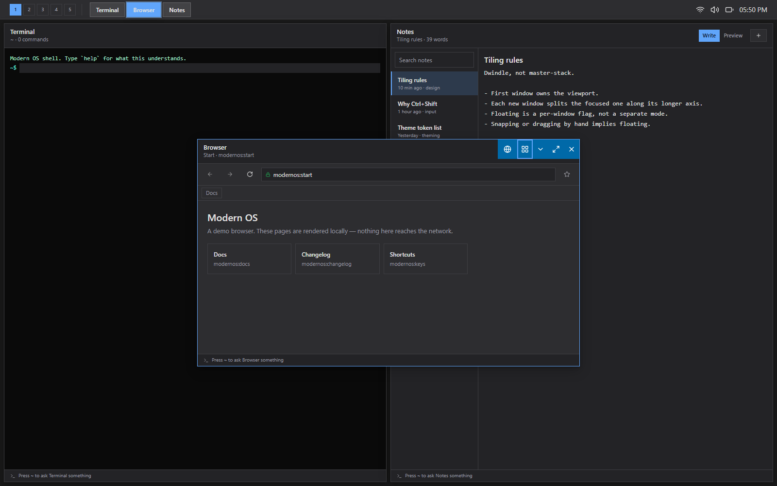 The same layout with the Browser floated out above the tiled windows, carrying a title bar