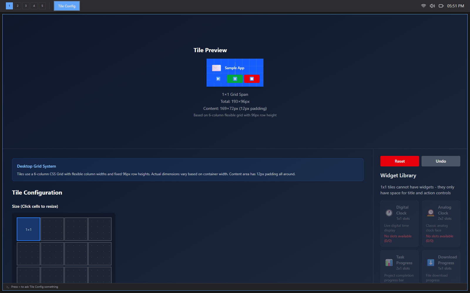 The tile configurator showing a 4 by 2 tile preview with a media player widget, a size grid, and the widget library