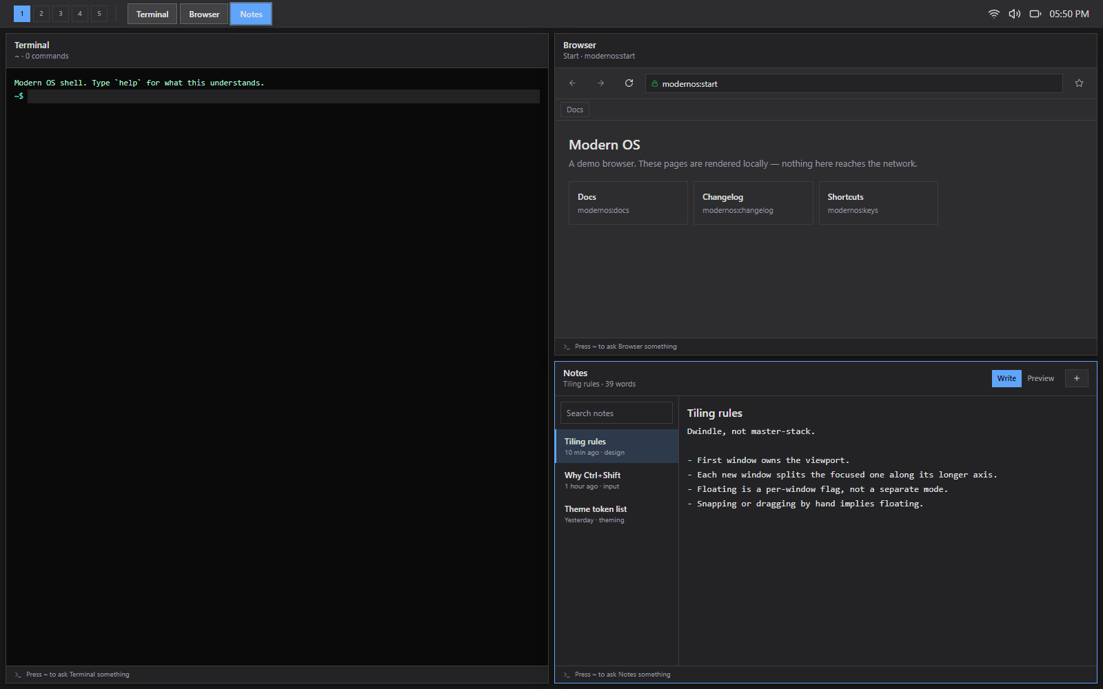 Three windows tiled in a BSP layout: Terminal on the left, Browser and Notes stacked on the right, none with title bars