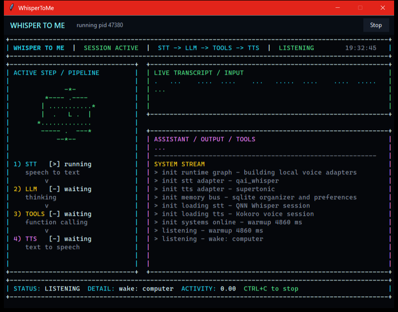 WhisperToMe desktop window showing the animated pipeline polygon, live transcript and assistant panes, the system stream, and a listening status bar.